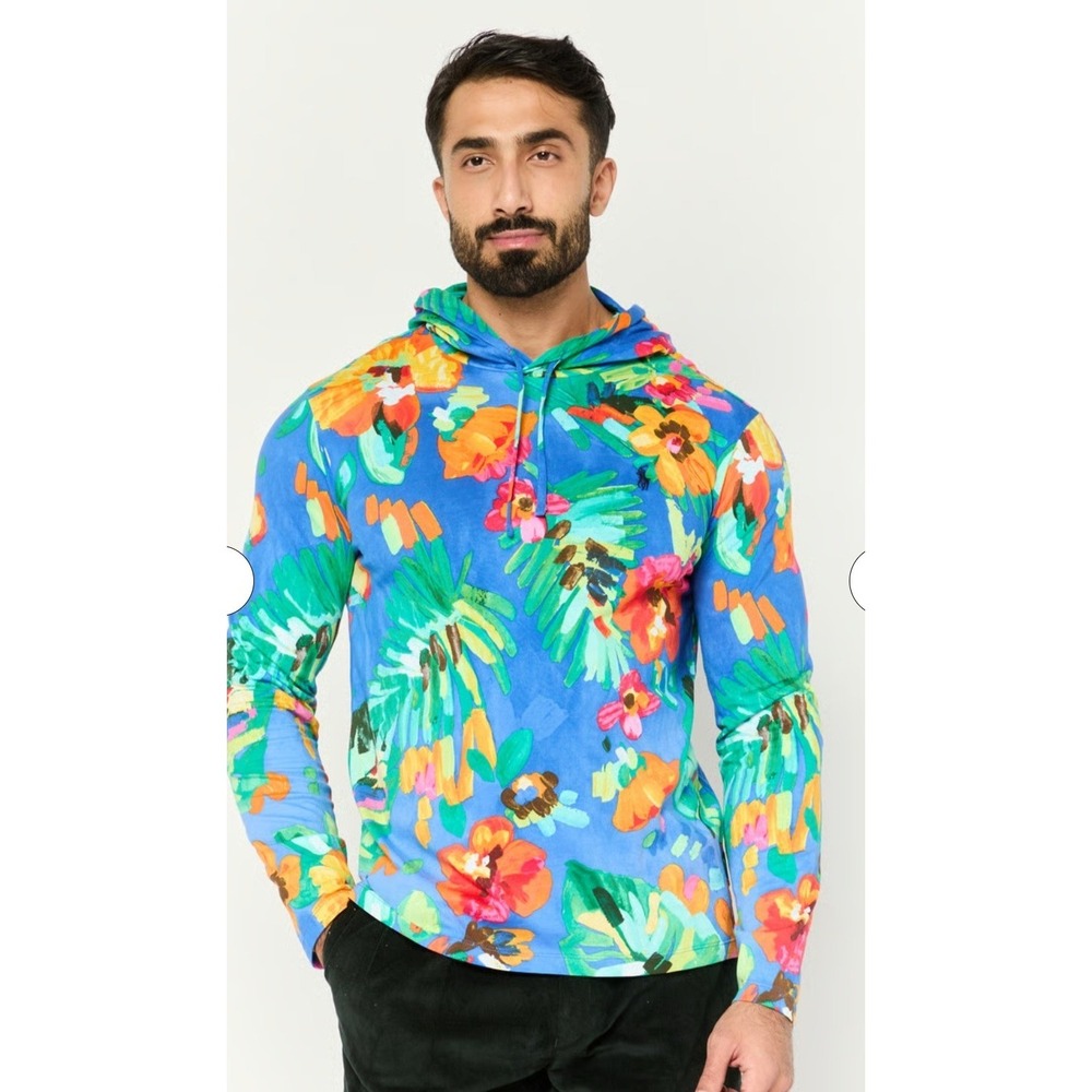 Polo Ralph Lauren Floral Hooded T-Shirt Mens 2XLT Blue Excellent Tropical Print - Picture 1 of 9